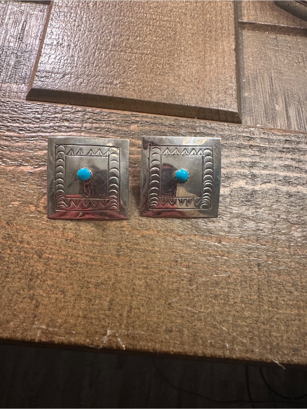 Square Concho Earrings with Turquoise Center- P. Morgan
